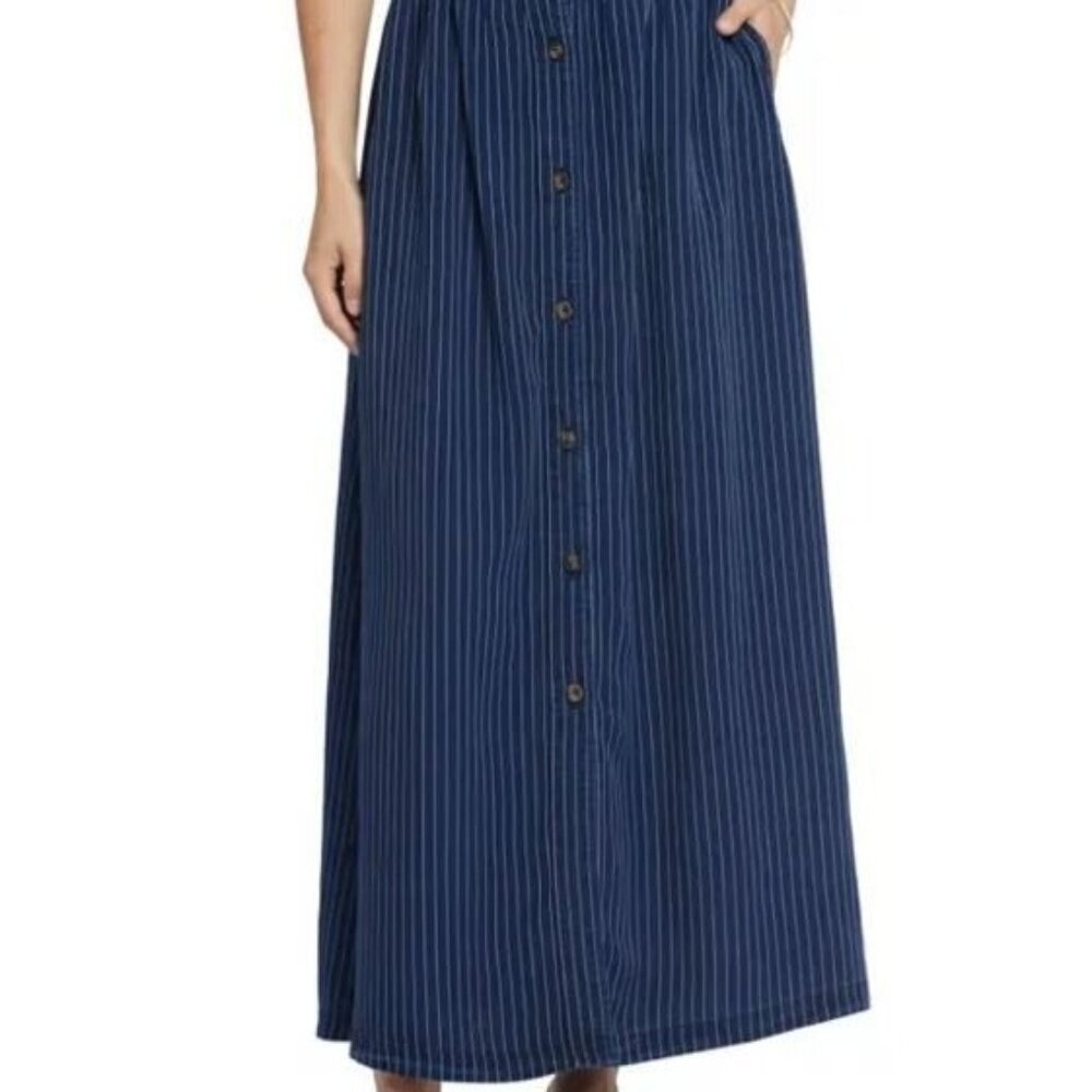 NYDJ Women's Skirt Denim Stripe Dark Ocean Button Closure Tencel Lyocell Size 4